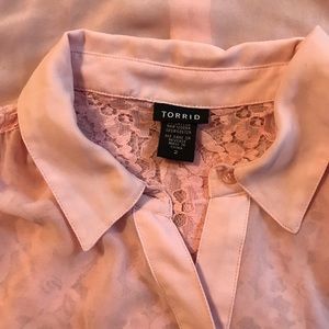 Torrid Pink sheer button down Blouse w/ Lace